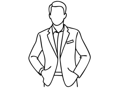 Bir minimalist sanat çizgisi, profesyonel bir iş adamını çıtır bir takım elbiseyle, elleri cebinde gezerken resmediyor. Bu siyah ve beyaz vektör, kendine güvenen bir beyefendinin temiz ve zarif bir temsilini sunuyor. Şirket markası için mükemmel.