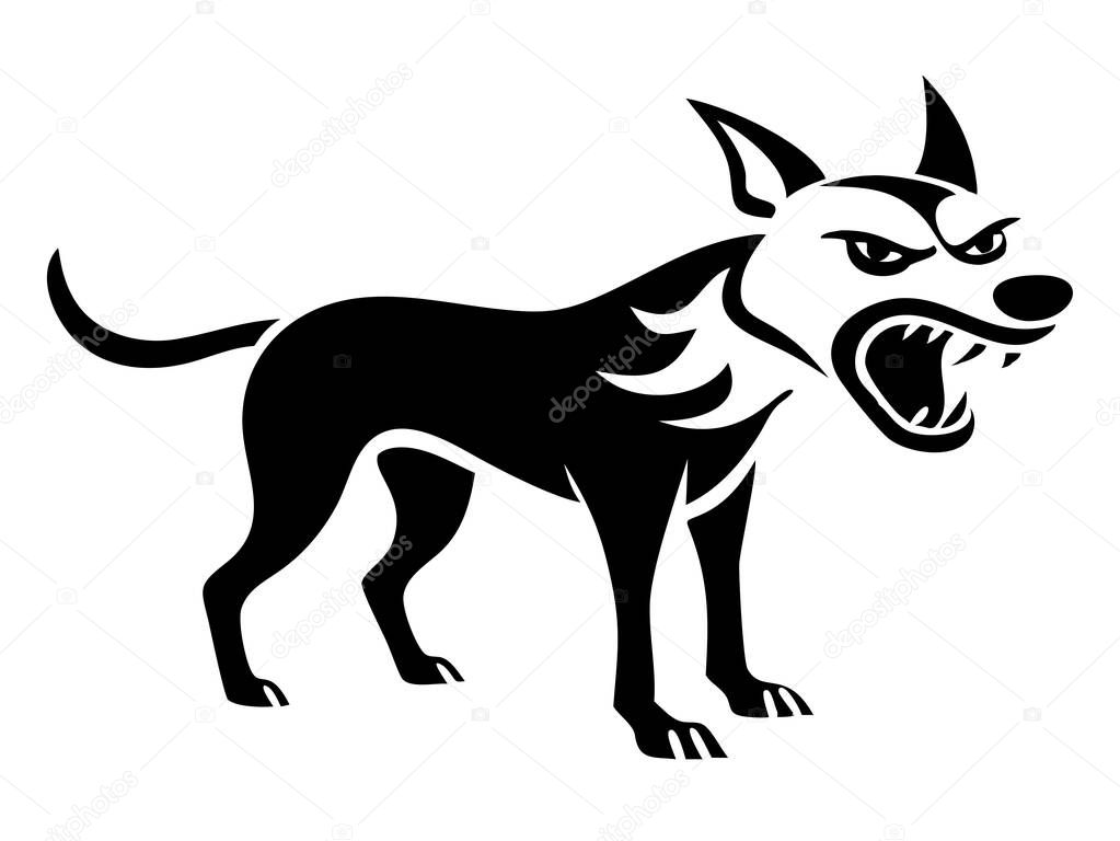A striking black and white vector illustration depicts an angry dog with a menacing expression, revealing sharp teeth and fangs. This aggressive canine graphic is perfect for representing danger and threat, making it suitable for use as a guard dog e
