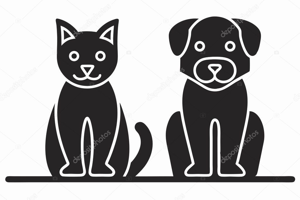 A charming black and white minimalist illustration depicts a cat and dog sitting together on a shelf. This vector design showcases a silhouette of these domestic pets, emphasizing their friendship in a simple and cute style. Ideal for a logo, icon, o