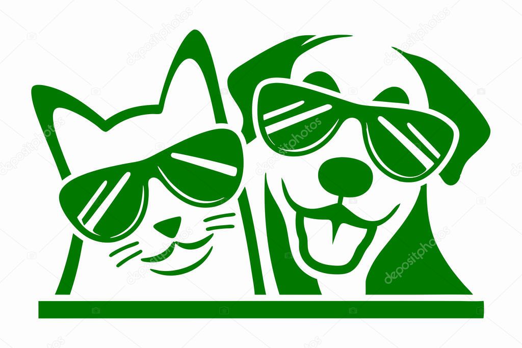A cool green cat and dog, best friends, share a playful moment wearing sunglasses with happy, smiling expressions. This adorable cartoon vector graphic, perfect for summer, depicts two cheerful, domestic animal companions. Ideal for use as a logo, em
