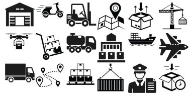 Bu siyah ve beyaz resimde, taşımacılık hizmetlerini temsil etmek için ideal vektör nakliye ve lojistik simgelerin bir koleksiyonu yer alıyor. Görüntü, teslimat kamyonu, kargo gemisi, uçak ve insansız hava aracı gibi çeşitli unsurları içerir.