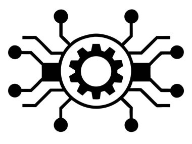 Çarpıcı bir siyah-beyaz vektör illüstrasyonu, devre kartı tasarımına entegre edilmiş detaylı bir vites gösteriyor. Bu grafik teknoloji ve mühendisliğin kesişim noktasını temsil ediyor, yenilik, işleme ve kompleks sisi görselleştirmek için ideal