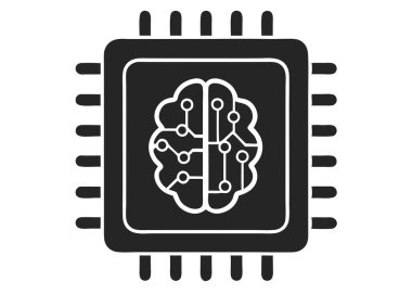 Çarpıcı bir siyah beyaz illüstrasyon yapay zeka kavramını görselleştirir, bir devre kartı çipi ve bir beyin sembolünü birleştirir. Bu tasarım, yapay zeka ve makine öğrenimi ile ilgili projeler için ideal ileri teknoloji ve yeniliği temsil etmektedir.