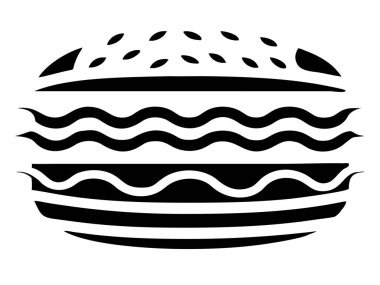 Cesur bir siyah-beyaz vektör çizimi, temiz beyaz arka planda lezzetli bir hamburger sunar. Bu minimalist grafikte klasik bir burger, susamlı çörek, köfte, peynir, marul, domates ve soğanlı. Tasarım P için ideal