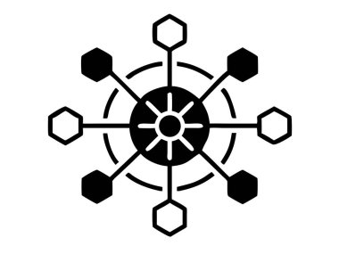 Bir soyut ağ simgesi birbirine bağlı altıgen düğümleri gösterir, veri akışını ve bağlantıyı etkin bir şekilde görselleştirir. Merkezi merkezli radyal tasarım içeren bu modern grafik, iletişimi, teknolojiyi ve küresel bilgiyi sembolize eder sha