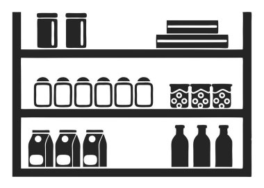 Minimalist bir siyah beyaz kiler resimlerinde düzenli olarak yiyecek ve erzak dolu raflar sergileniyor. Bu vektör resmi mutfak malzemeleriyle dolu kavanozlar, şişeler ve kaplar içerir.