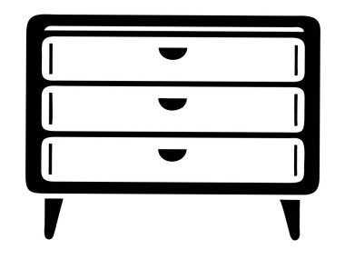 Basit, zarif bir siyah-beyaz vektör çizimi üç çekmeceli bir çekmece tasvir eder. Bu minimalist tasarım, ev dekorasyonu ve iç tasarım projelerinde kullanmak için ideal olan temiz tasarım detaylarına sahiptir. Grafik ögesi ya da simge olarak mükemmel