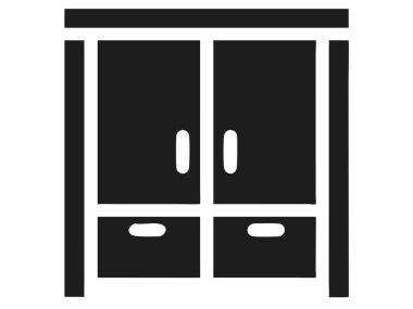 Basit, modern siyah-beyaz bir tasvirde iki kapısı ve çekmecesi olan minimalist bir gardırop tasvir ediliyor. Bu vektör simgesi temiz çizgiler, iç tasarım kavramları, ev organizasyonu görselleri veya mobilya mağazası markaları için idealdir. Düz tasarım