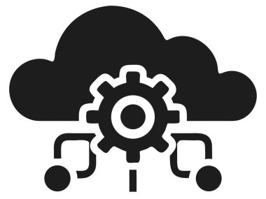 Bu modern ve soyut vektör çizimi bir çark ve bağlı ağ sembolleri içeren bir bulut hesaplama simgesi tasvir eder. Dijital tasarım veri depolama, çevrimiçi hizmet ve sunucu altyapısı odaklı bulut teknolojisini temsil etmektedir.