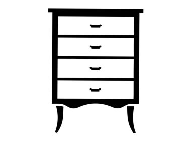 Sofistike siyah beyaz bir siluet klasik bir kostümcüyü gösteriyor. Bu zarif vektör tasarımı dört çekmeceye ve dekoratif bacaklara sahiptir, iç tasarım projeleri için mükemmeldir. Yatak odası ya da oturma odası dekorasyonu için ideal, bu minimalist, monokrom 