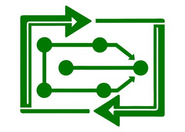 Soyut bir yeşil diyagram, birbirine bağlı düğümler ve yönü gösteren temiz oklarla karmaşık süreç akışını görselleştirir. Bu dinamik akış şeması, iş kavramlarını ve görsel verileri iletmek için ideal bir bağlantı ağını temsil eder.