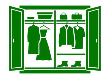 Şık, yeşil bir gardırop tasviri. Şık kıyafetler ve aksesuarlarla dolu iyi düzenlenmiş bir dolap. Bu düz tasarım vektörü elbiseler, paltolar, gömlekler ve ayakkabılar ve çantalar da dahil olmak üzere çeşitli giysiler içerir. 