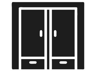 Gösterişli, modern siyah beyaz bir dolap ikonu iki kapılı ve alt çekmeceli bir gardırop tasarımı sunar. Bu vektör illüstrasyonu iç tasarım projelerinde, apartman planlarında veya ev organizasyonu uygulamalarında kullanım için idealdir.