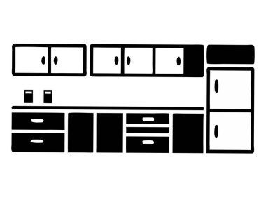Modern bir mutfağın çarpıcı siyah beyaz silueti, ayrıntılı kabine çizimleri içeriyor. Bu vektör tasarımı depolama çözümleri ve minimalist iç tasarımı vurgular. Mutfak tasarımı kavramlarını, bu grafik kaynağı resmetmek için ideal