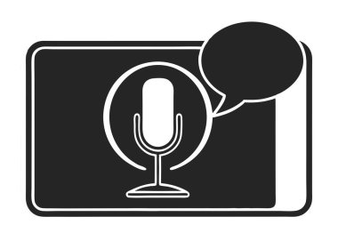 Bir minimalist siyah-beyaz vektör illüstrasyonunda konuşma baloncuğuyla eşleştirilmiş basit bir mikrofon ikonu, podcast kaydı, ses iletişimi ve çevrimiçi tartışmayı mükemmel bir şekilde temsil eder. Bu çok yönlü grafik konuşmanın özünü temsil ediyor.,