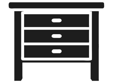 Basit, zarif siyah-beyaz minimalist bir illüstrasyon modern bir üç çekmeceli komodini tasvir eder. Bu çok yönlü vektör grafiği, ev dekorunda, iç tasarım projelerinde veya web sitesi elementlerinde kullanmak için ideal, temiz ve düz bir tasarım içerir. Yatağın başucunda.