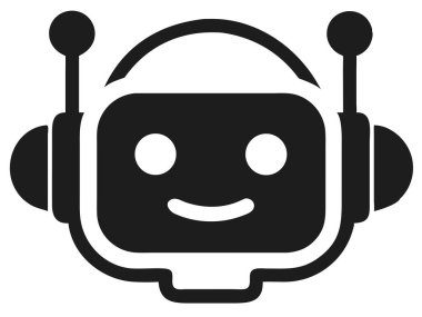 Basit, siyah ve beyaz bir ikon, yapay zekayı ve teknolojik yeniliği sembolize eden gülümseyen bir robot kafası tasvir eder. Bu vektör illüstrasyonunda yapay zeka, sohbet robotu hizmetleri veya dijital asistanları temsil etmek için ideal bir robot yüzü yer almaktadır. T