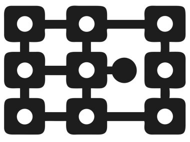 Bu çarpıcı siyah-beyaz illüstrasyon soyut bir ağ bağlantı tasarımı sergiliyor. Birbirine bağlı yuvarlak kareler ve daireler içeren geometrik düzenleme, veri akışı ve iletişimin zorlayıcı bir görsel temsili oluşturur. Bu...
