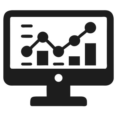 Bir siyah-beyaz simgesi, finansal veri analiz grafiklerini gösteren bir bilgisayar monitörünü betimliyor. Bu dijital illüstrasyon, finans, borsa eğilimleri ve yatırım büyümesine odaklanan iş raporları, sunumlar ve bilgi grafikleri için idealdir. Şey... 