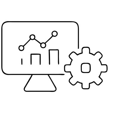 Dijital analiz ve veri işlemeyi tasvir eden kavramsal illüstrasyon. Modern bir tasarım bir grafik, dişli simgesi ve diğer elementlere sahiptir. İş raporları, web bilgi grafikleri, sunumlar ve finans alanında veriye dayalı stratejiler sergilemek için ideal