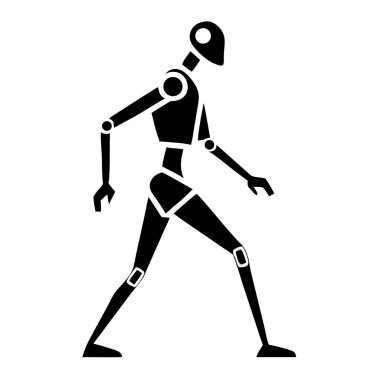 Eklemli uzuvları olan yürüyen bir robot figürünün siyah silueti beyaz arka planda göze çarpıyor. Bu vektör illüstrasyonu, yapay zeka, teknoloji ve robotik için temiz ve modern bir estetik gerektiren, hareket halindeki fütürist bir androidi tasvir eder.