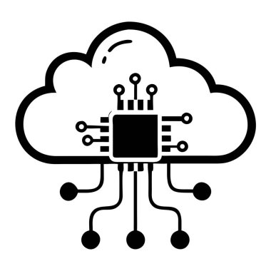 Çarpıcı bir vektör çizimi bulut hesaplama kavramını devre ve işleme gücü sembolleri kullanarak görselleştirir. Bu dijital tasarım, birbiriyle bağlantılı sunucu elemanlarına sahip bir bulut içerir, teknoloji, veri ve internet rela için mükemmeldir.