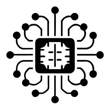 Bir devre kartı çipinin çarpıcı siyah beyaz çizimi, teknoloji ve bilgisayar için mükemmel. Bu monokrom grafik elektronik donanım, yapay int ile ilgili tasarım projelerinde kullanım için ideal bir işlemci veya işlemci vurgular