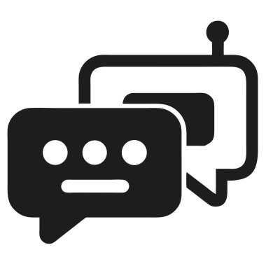 Basit, düz siyah beyaz sohbet balonu ikonu çevrimiçi iletişimi temsil ediyor. Bu vektör illüstrasyonu uygulama arayüzü tasarımı, sosyal medya, internet mesajlaşması ve çevrimiçi destek sistemleri için mükemmeldir. Pencereyi göstermek için bu modern simgeyi kullanın, c