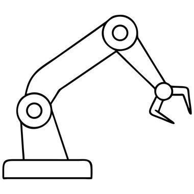Basit bir siyah ana hatlı vektör çizimi, teknoloji ve endüstriyel otomasyon tasarımlarında kullanılmak için ideal, gelecekçi bir robot kolu tasvir eder. Bu dijital çizim, yapay zeka, mühendislik ve manuf gibi anahtar kelimelerle mekanik bir kol konsepti sergiliyor.