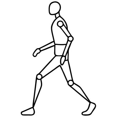 Basit, minimal siyah-beyaz bir çizim düz tasarımda yürüyen bir insan figürünü tasvir eder. Hareket, eylem ve sıradan bir poz için mükemmel olan bu vektör grafiği simgeler, semboller ve modern tasarım elementleri için idealdir..