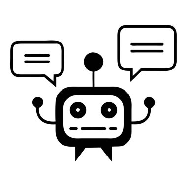 Basit, modern bir siyah-beyaz vektör çizimi konuşma baloncukları olan bir sohbet robotu tasvir eder, UI / UX tasarımı ve yapay zeka kavramları için idealdir. Bu vektör dijital iletişimde yapay zekayı temsil eden, çevrimiçi özelliklere uygun bir robot içerir.