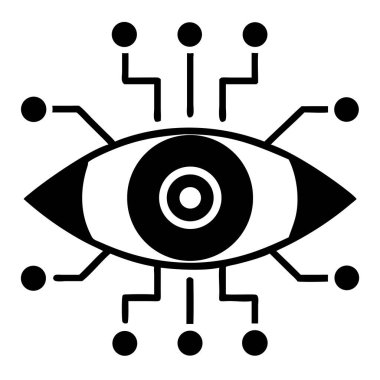Yapay zeka ve gözetlemeyi temsil eden bir devre levhasıyla sarmalanmış kavramsal siyah ve beyaz göz sembolü içeren modern bir grafik tasarımı. Bu vektör çizimi yapay zeka teknolojisini, dijital bağlantıları ve siber güvenliği somutlaştırır.