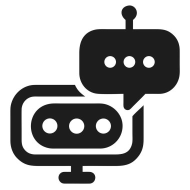 Basit, modern bir siyah-beyaz ikonu müşteri hizmetleri ve desteği sunan bir sohbet robotunu gösteriyor. Bu yapay zeka teknolojisi grafiği çevrimiçi yardım, dijital iletişim ve otomatik bilgi sistemleri için idealdir. Bunu ağ için kullan