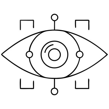 Soyut bir göz sembolü dijital gözetim ve gelecekteki görüşü somutlaştırır. Bu vektör illüstrasyon, yapay zeka, veri izleme ve siber güvenliği temsil etmek için ideal bir minimalist siyah-beyaz tasarımı kullanır. Teknoloji, ağ ve sistem için mükemmel