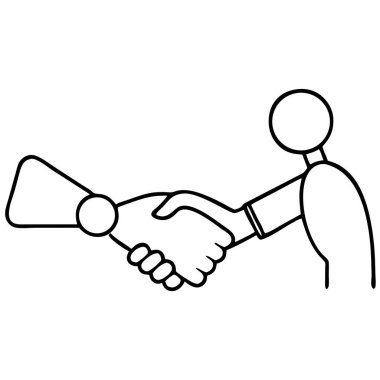 Minimalist siyah-beyaz çizgi sanatı, başarılı bir anlaşma ve ortaklığı sembolize eden iki çubuk figürünün el sıkışmasını tasvir eder. Ticareti, takım çalışmasını veya anlaşma kavramlarını resmetmek için ideal, bu vektör illüstrasyonu işbirliği, birim