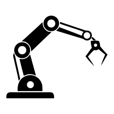 Basit bir siyah siluet beyaz bir arkaplanda izole edilmiş bir robot kolu tasvir eder. Bu endüstriyel otomasyon illüstrasyonunda üretim, mühendislik ve yapay zeka ile ilgili teknoloji projeleri için ideal bir makine kolu bulunur. Geleceğin en güçlü görüntüsü.
