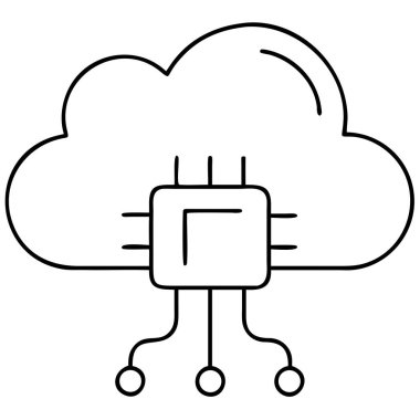 Tek renkli bir illüstrasyon, veri depolama ve çevrimiçi hizmetleri sembolize eden bir mikroçip ile bağlantılı bulut hesaplama tasvir eder. Bu vektör grafik, iş, bilişim ve finans kavramları için ideal teknoloji ve internet bağlantısını temsil etmektedir.