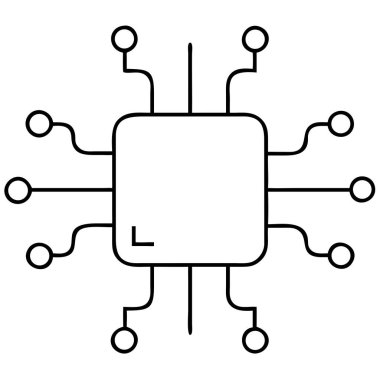 Basit, siyah ve beyaz vektör çizimi bir işlemci, merkezi işlem birimi ve mikroçip tasvir eder. Bu simge bilgisayar teknolojisi, dijital veri işleme ve elektronik donanımı temsil etmektedir. Yapay zeka, kodlama veya internetle ilgili tasarımlar için ideal.