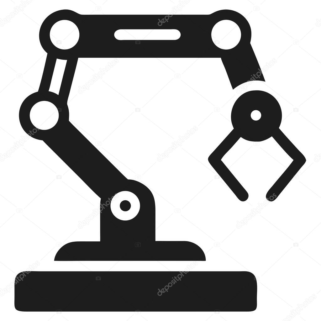 A sleek, black and white illustration depicts a robotic arm, perfect for visualizing industrial automation. This vector design uses a silhouette style to represent a robot within manufacturing, AI, and engineering contexts. Ideal for tech-focused log