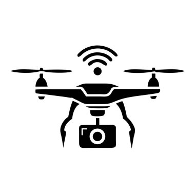Modern teknoloji kavramları için ideal, pervaneli ve kablosuz bağlantı göstergelerine sahip parlak bir siyah dron simgesi. Bu vektör çizimi bir UAV siluetini tasvir eder, hava fotoğrafçılığını, uçuş teknolojisini veya uzaktan kumandayı temsil etmek için mükemmeldir