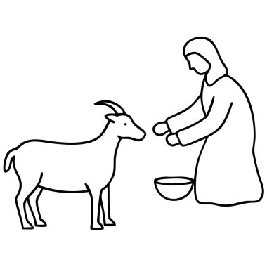Bir minimalist siyah beyaz çizim, bir keçiyi kaseden besleyen bir kişiyi tasvir ediyor. Tarımsal ya da kırsal temalar için mükemmel olan bu çizim, bir çiftlik hayvanına karşı nezaket göstererek beslenme eylemini vurguluyor. Eğitim paspası için ideal