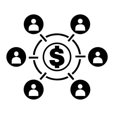 Finansal bağlantıyı gösteren güçlü tek renkli bir grafik. Resim, finans, yatırım ve iş dünyasını temsil eden merkezi dolar tabelalarına bağlı bir insan ağını tasvir ediyor. Bu vektör konsepti takım çalışması, büyüme ve profesörü görselleştirmek için idealdir.