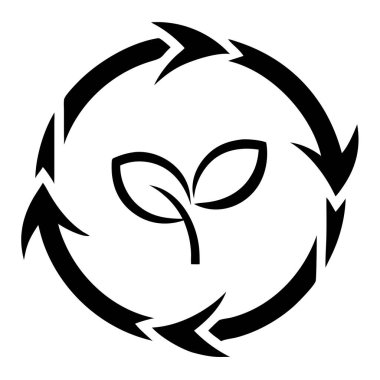 Bu siyah ve beyaz vektör çizimi çevresel sürdürülebilirliği ve büyümeyi temsil eden çevre dostu bir ikonu tasvir ediyor. Yapraklar, filiz ve dairesel oklar içeren tasarım geri dönüşümü, yenilenebilir enerjiyi ve korunmayı sembolize ediyor. İdeal.