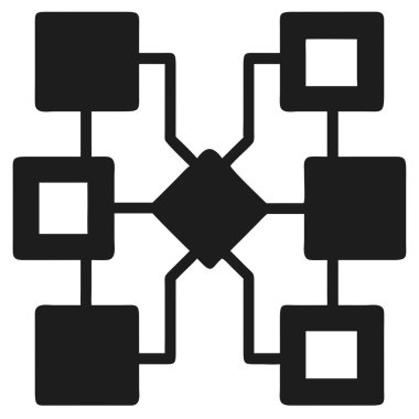 Soyut bir siyah ve beyaz diyagram geometrik bir tasarıma sahip, bağlantı ve ağ yapısını görselleştirir. Bu vektör illüstrasyonu dijital sistem içindeki bağlantıları göstermek için kare şekiller ve düğümler kullanır. Veri commu çizimi için ideal