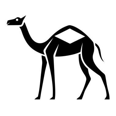 Çarpıcı bir minimalist vektör illüstrasyonunda beyaz arka planda siyah bir deve silueti bulunur. Bu zarif tasarım çöl hayvanının basit, modern ve sanatsal bir temsilini sergiliyor. Logolar, grafik tasarım projeleri ve t için ideal