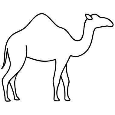 Profilde bir devenin basit bir siyah beyaz tasviri çok yönlü bir vektör değeri olarak öne çıkıyor. Bu siluet tasarımı grafik tasarım projeleri, logolar veya simgeler için mükemmeldir. Clipart, boyama sayfaları ve eğitim materyalleri için ideal, 