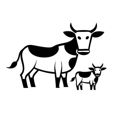Siyah-beyaz minimalist bir vektör illüstrasyonunda büyüleyici bir inek ve dana bulunur. Markalaşmak için mükemmeldir. Bu grafik tasarım, yerli sığır çiftinin basit bir siluetini tasvir ediyor. Logo, simge ya da tarım, tarım ve yaşamla ilgili sanat için ideal