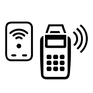 Modern bir siyah-beyaz illüstrasyon, satış noktası (POS) terminali ile etkileşen kablosuz bağlantı sembolüne sahip bir temassız ödeme ikonu tasvir eder. Bu grafik yakın alan iletişimini (NFC) simgeler, sonda kullanmak için idealdir