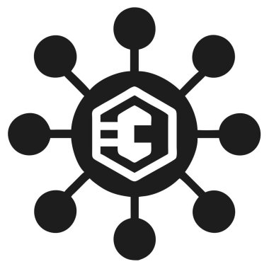 Modern bir siyah-beyaz illüstrasyonda, mali işlemler ve veri paylaşımını temsil eden, birbirine bağlı çevreler ağı içinde birbirine dolanmış Euro para birimi sembolü resmedilmektedir. Bu soyut tasarım küresel finans, dijital para ve seti sembolize eder.