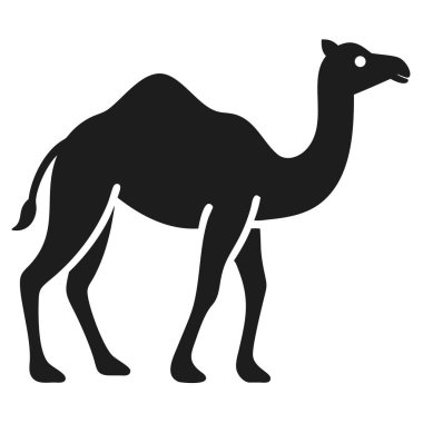 Ayakta duran bir devenin basit siyah silueti, tasarım projeleri için mükemmel, beyaz arka planda izole edilir. Bu vektör illüstrasyonu, simgeler, logolar ve grafik tasarımlar oluşturmak için ideal tek hörgüçlü dromedary devenin yan görünümünü içerir.